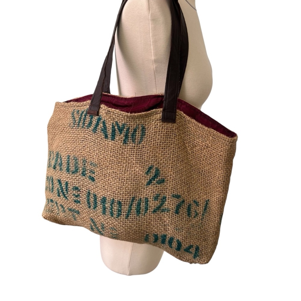 Handmade upcycled burlap market tote fully lined faux leather straps pocket